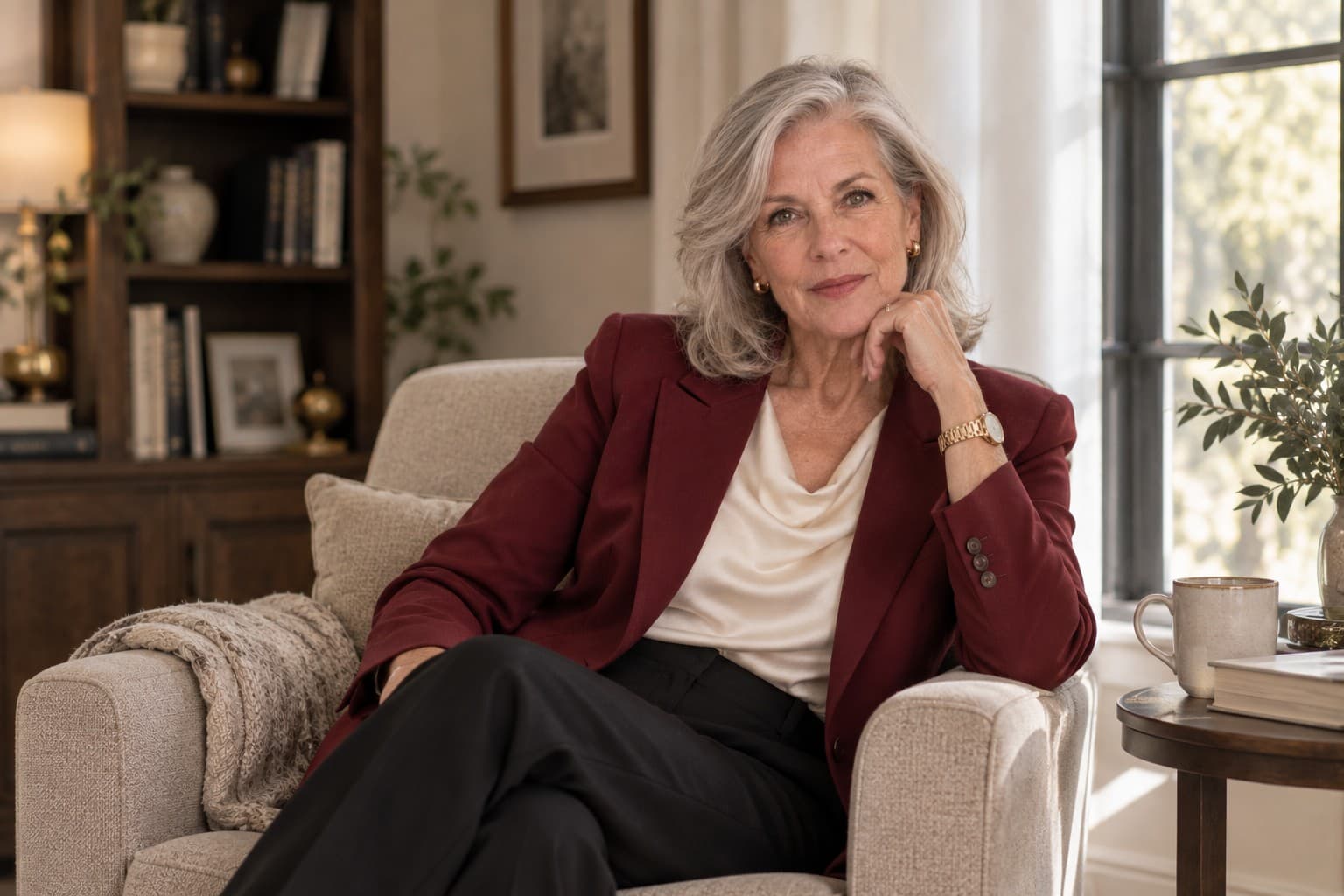 Vivian Cross seated in an armchair beside a sunlit window