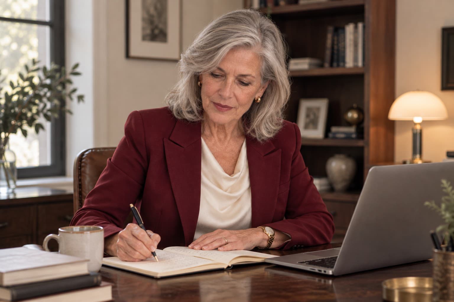 Vivian Cross writing at her desk beside a laptop